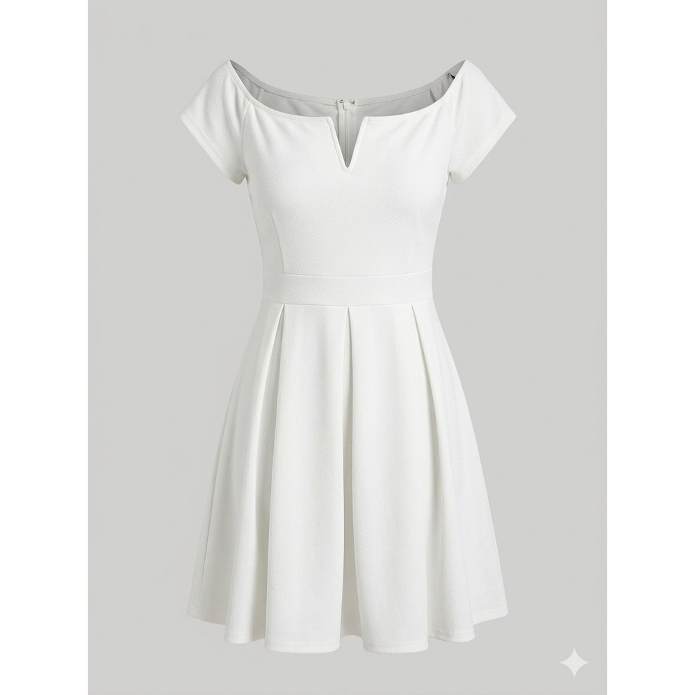 Lalagen White Dress Womens L Large Off The Shoulder Gold Zip Pleated Skater NWT